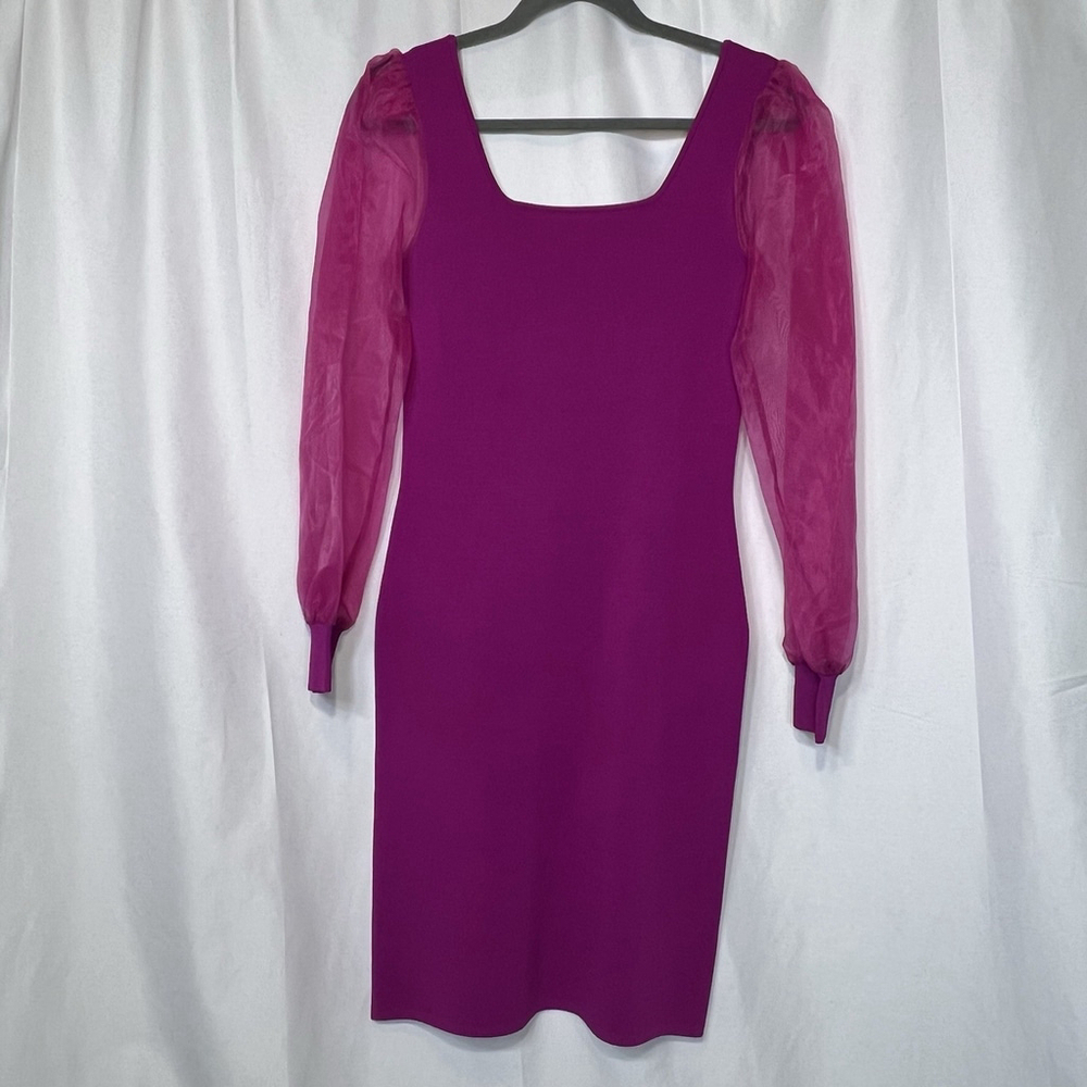 House Of Harlow 1960 Sheer Puff Sleeve Knit Midi Dress Fuchsia XS Feminine ￼